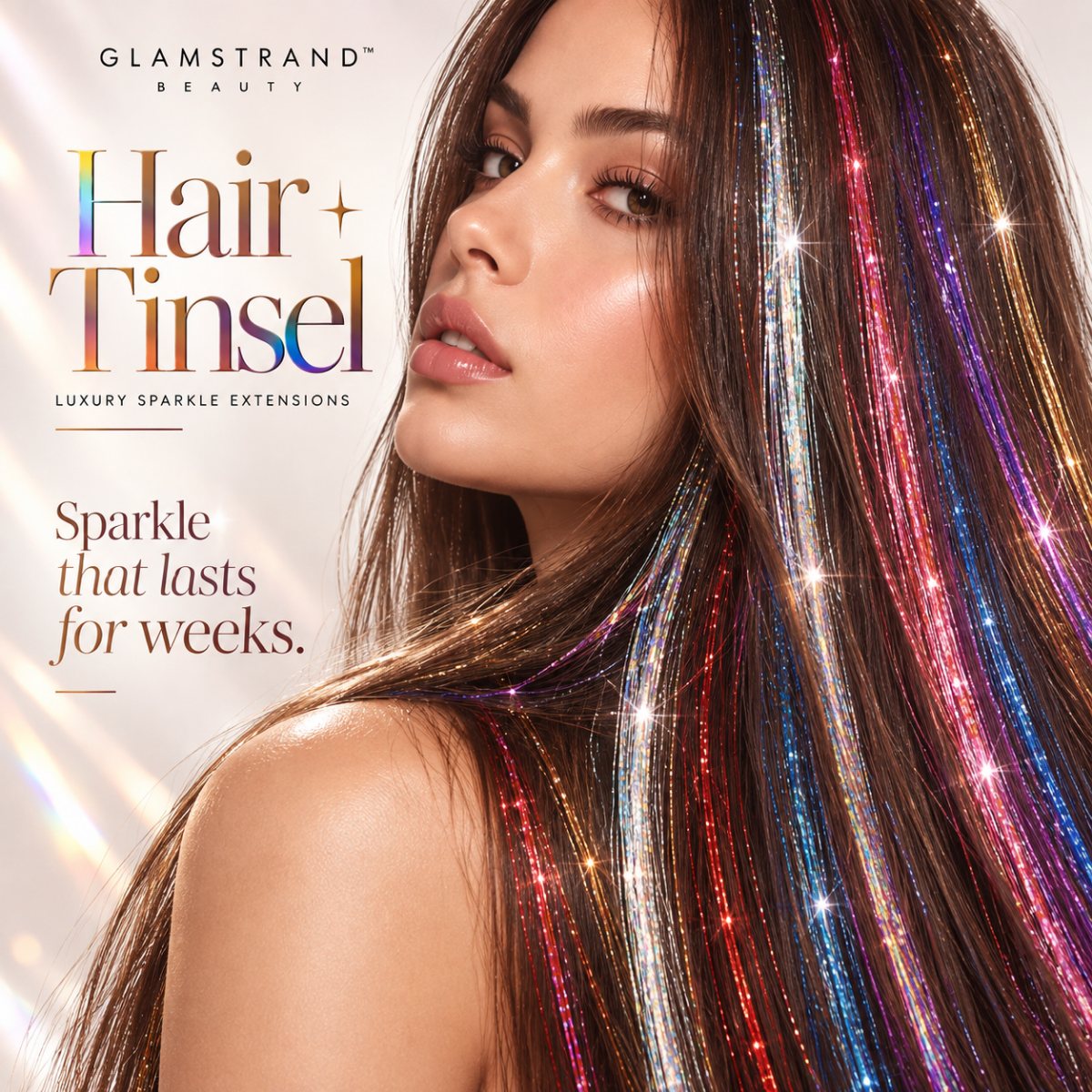 Model with rainbow hair tinsel strands - Glamstrand Hair Tinsel, sparkle that lasts for weeks