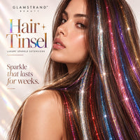 Model with rainbow hair tinsel strands - Glamstrand Hair Tinsel, sparkle that lasts for weeks
