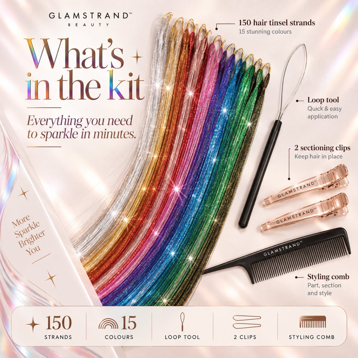 What's in the kit: 150 hair tinsel strands, loop tool, 2 sectioning clips and styling comb