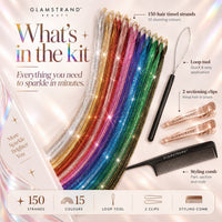What's in the kit: 150 hair tinsel strands, loop tool, 2 sectioning clips and styling comb