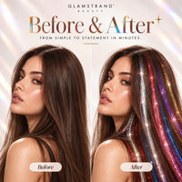 Before and after: plain hair transformed with colourful tinsel strands in minutes