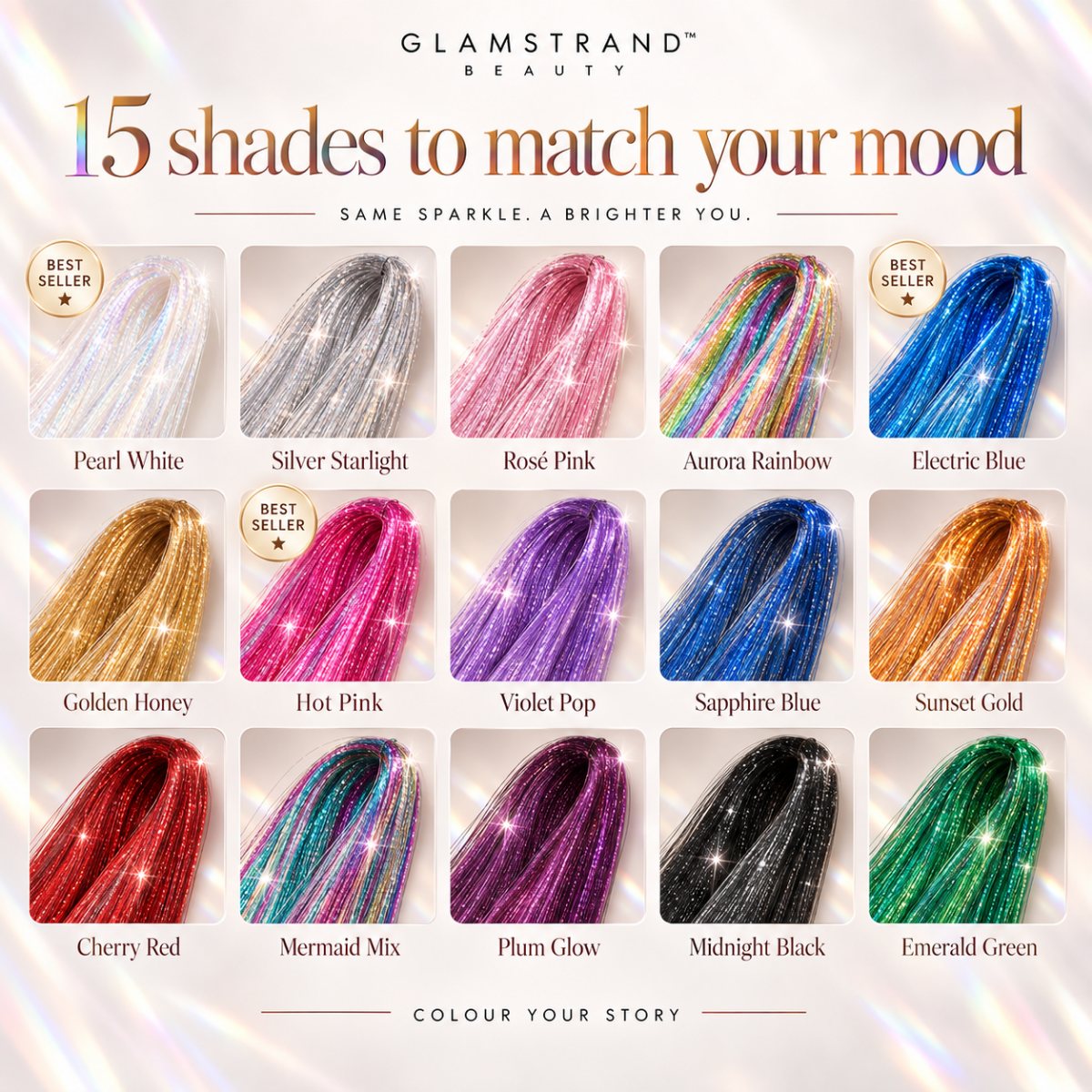 Shade chart showing the hair tinsel colour range, from Pearl White and Golden Honey to Midnight Black and Emerald Green