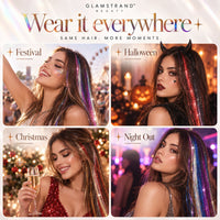 Wear it everywhere: hair tinsel styled for a festival, Halloween, Christmas and a night out