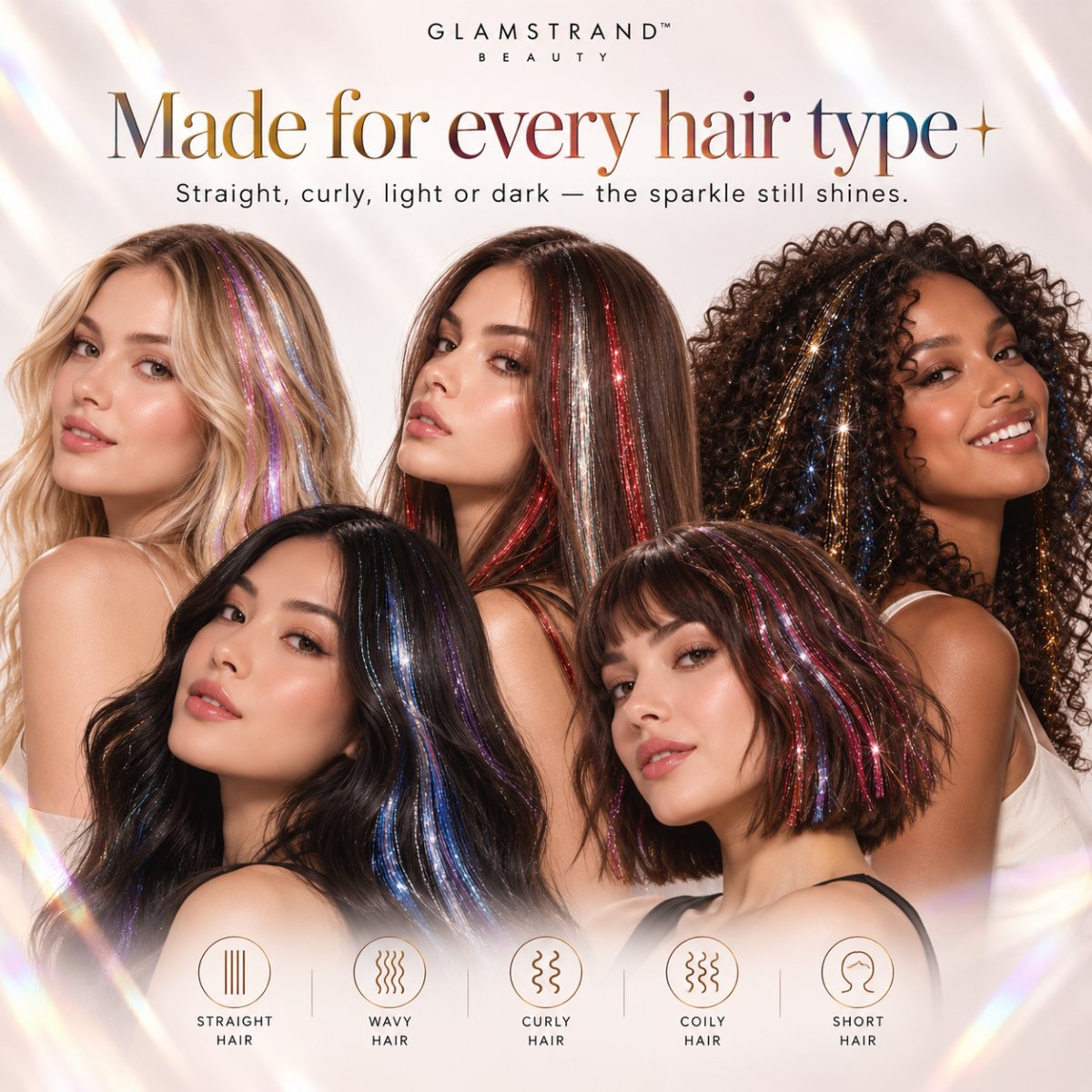 Made for every hair type: straight, wavy, curly, coily and short hair all wearing tinsel strands
